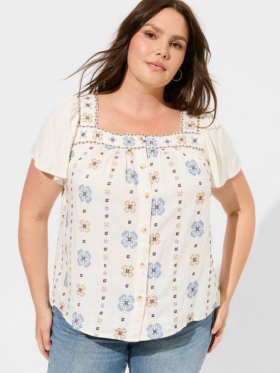 Torrid Curve Tops - Torrid Beach Linen Eyelet Trim Shirt Embroidered Square neck top